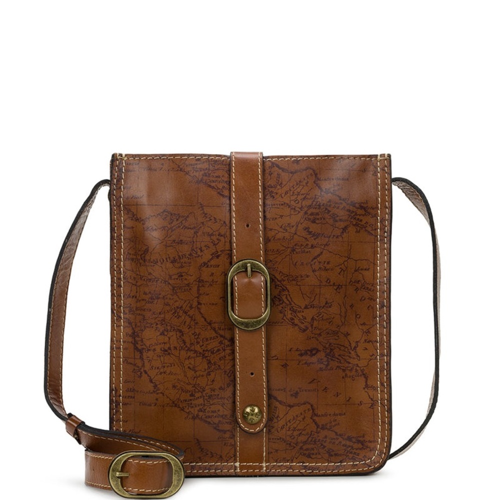 Patricia Nash Venezia Pouch Bag. Leather strap with buckle detail and map.
